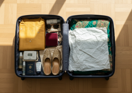 Open suitcase packed with colorful Indian ethnic outfits, embroidered juttis, and a velvet jewelry box.
