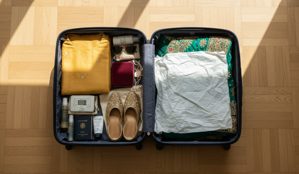 Open suitcase packed with colorful Indian ethnic outfits, embroidered juttis, and a velvet jewelry box.