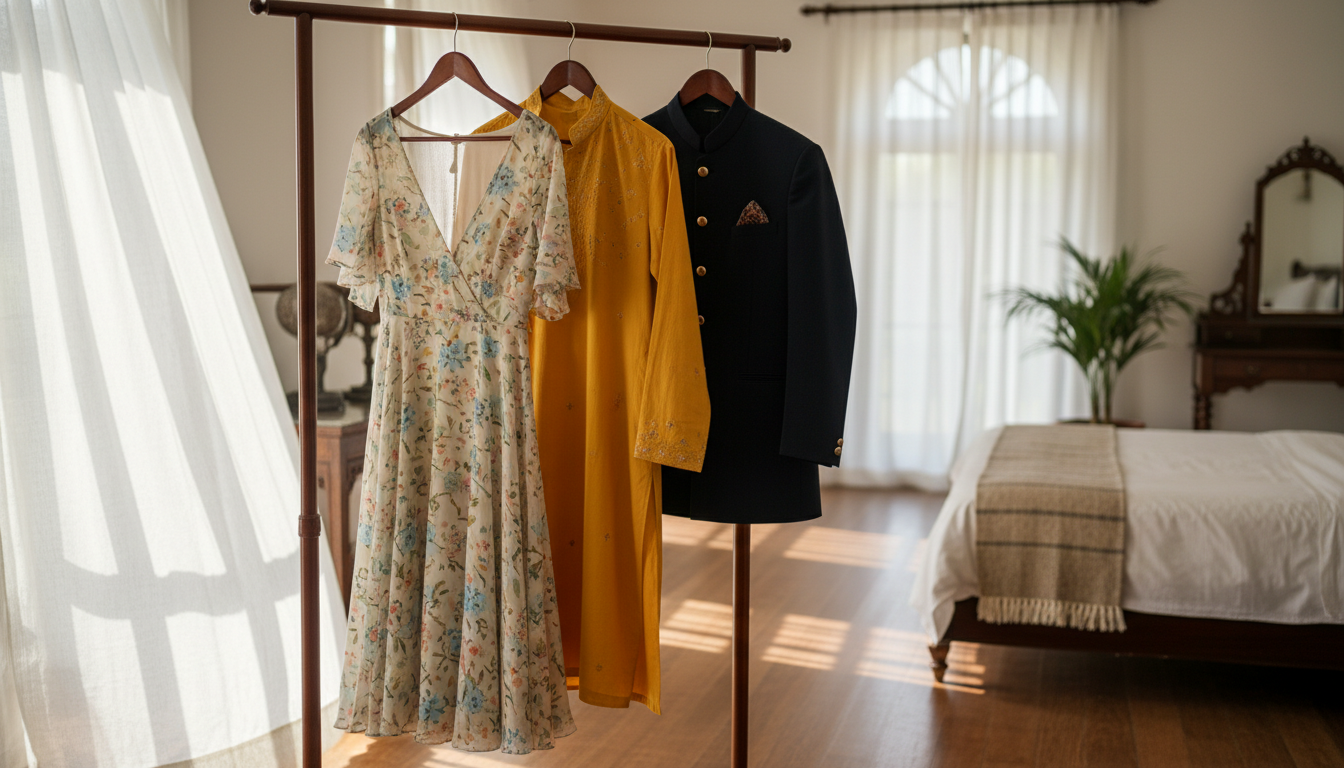 Garment rack holding three distinct Indian wedding outfits on wooden hangers in a bright room.