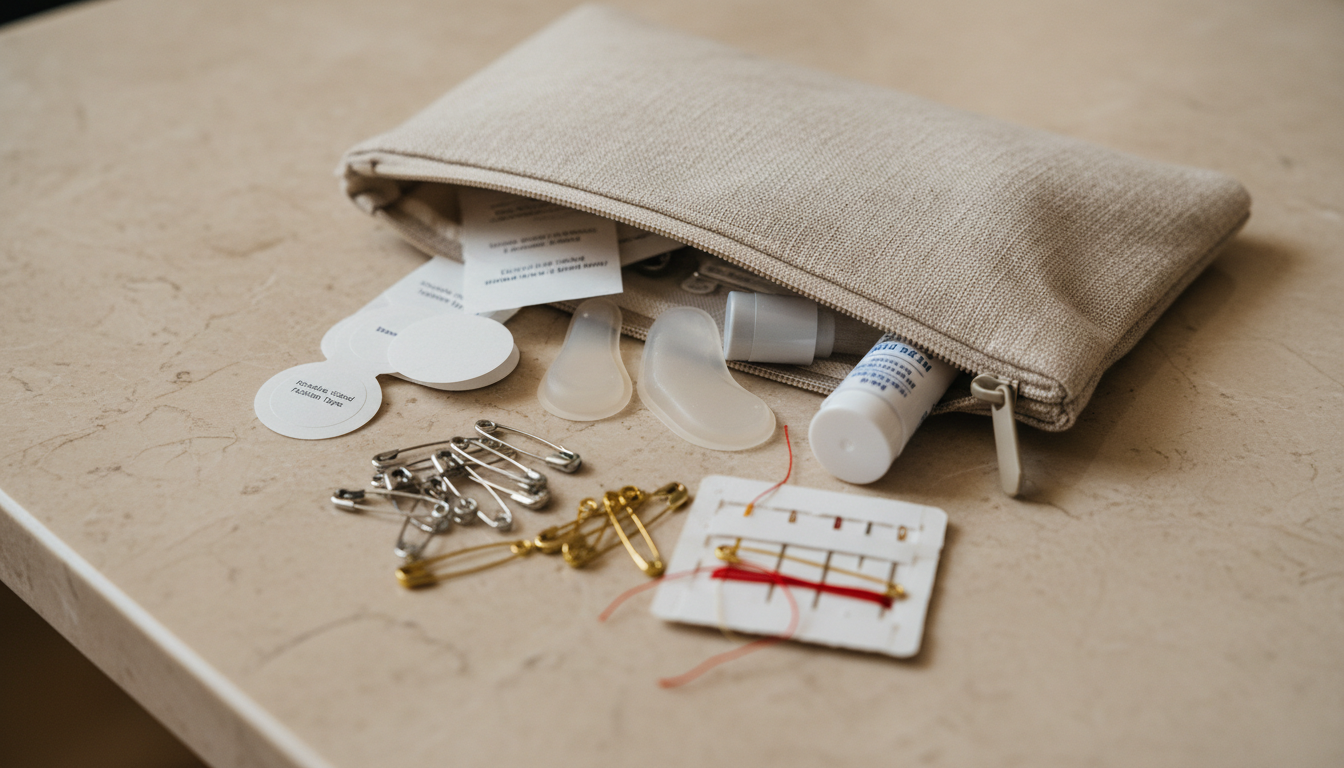 Open travel pouch laid out with safety pins, fashion tape, heel caps, and a mini sewing kit.