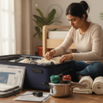 Young Indian student packing a suitcase on a bedroom floor with documents, thermal clothes, and a pressure cooker.