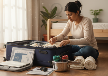 Young Indian student packing a suitcase on a bedroom floor with documents, thermal clothes, and a pressure cooker.