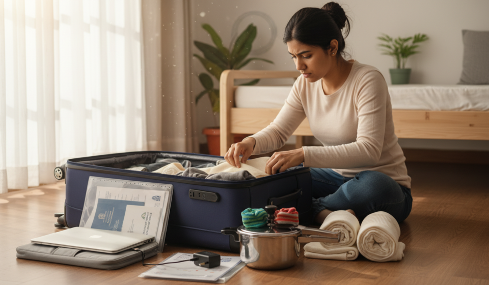 Young Indian student packing a suitcase on a bedroom floor with documents, thermal clothes, and a pressure cooker.