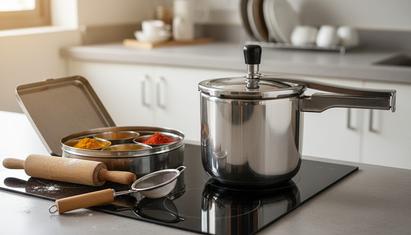 Stainless steel pressure cooker and an open Indian spice box sitting on a modern induction cooktop in a dorm kitchen.