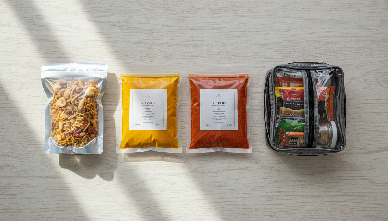 Factory-sealed packets of ground Indian spices and dry snacks arranged neatly on a light wood tabletop.