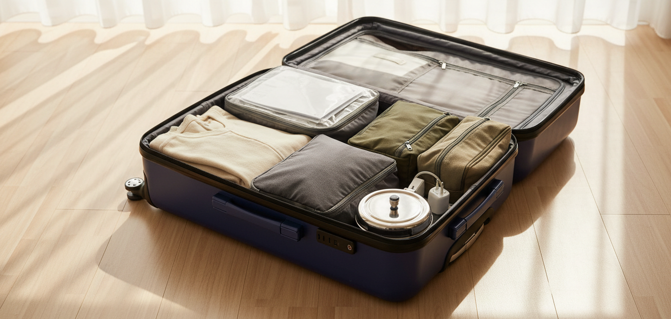 An open suitcase on a bed packed with organized travel pouches, winter clothing, document folder, and electronics.