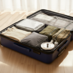 An open suitcase on a bed packed with organized travel pouches, winter clothing, document folder, and electronics.