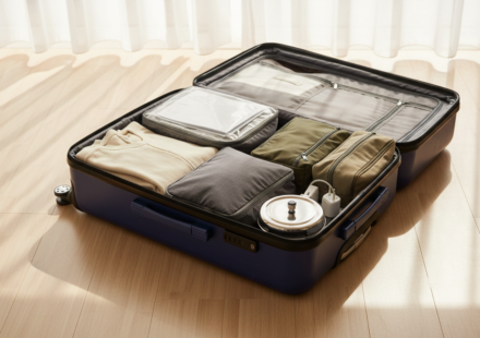 An open suitcase on a bed packed with organized travel pouches, winter clothing, document folder, and electronics.