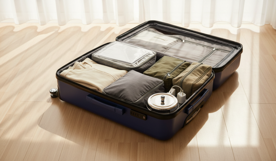 An open suitcase on a bed packed with organized travel pouches, winter clothing, document folder, and electronics.