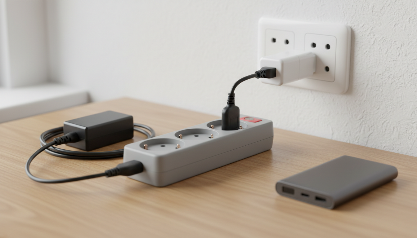 Indian extension cord plugged into a European Type F adapter on a wooden desk next to a laptop charger.