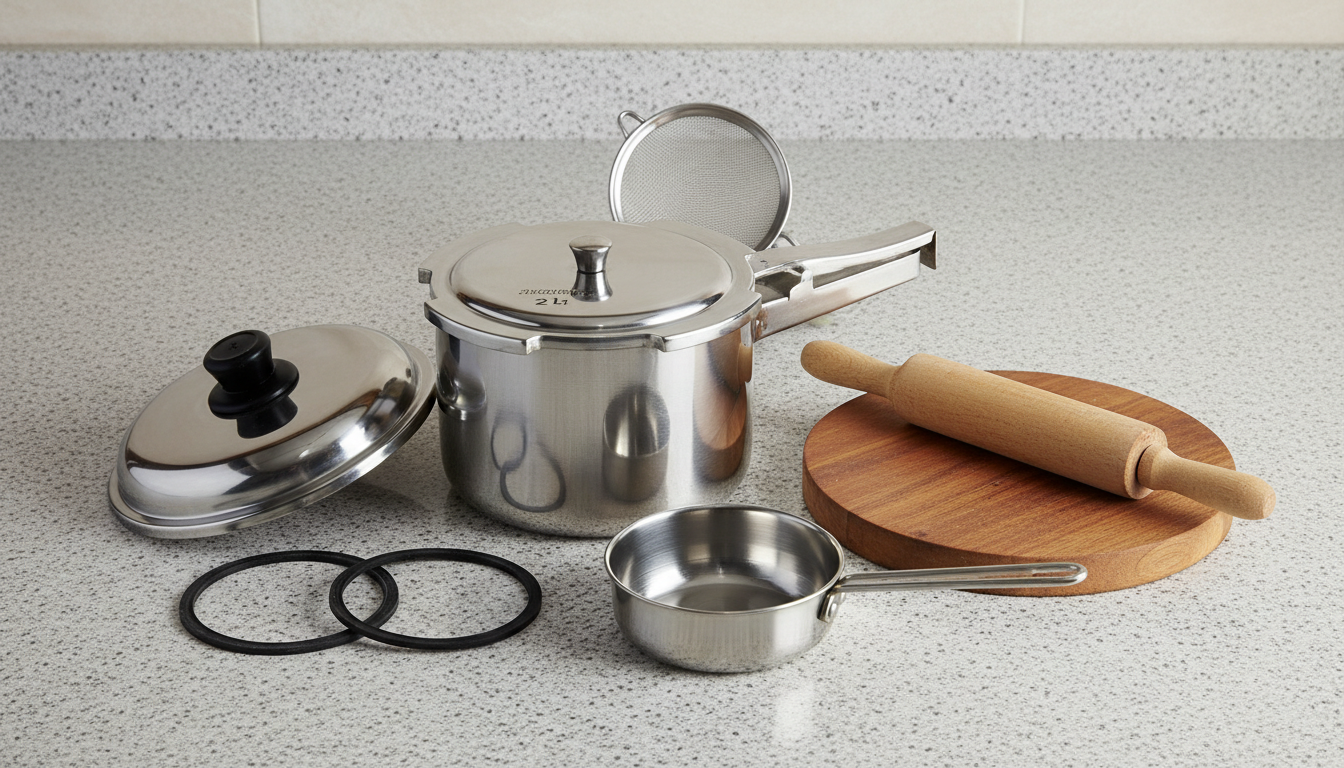 A small induction pressure cooker, spare rubber gaskets, rolling pin, and tadka pan on a kitchen counter.