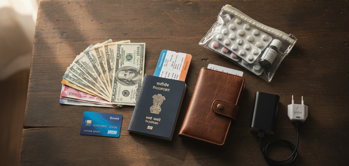 Flat-lay of an Indian passport, forex card, foreign cash, travel adapter, power bank, and documents on a wooden table.