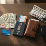Flat-lay of an Indian passport, forex card, foreign cash, travel adapter, power bank, and documents on a wooden table.