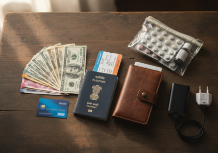 Flat-lay of an Indian passport, forex card, foreign cash, travel adapter, power bank, and documents on a wooden table.
