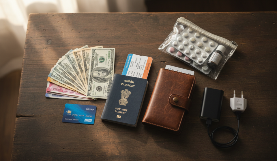 Flat-lay of an Indian passport, forex card, foreign cash, travel adapter, power bank, and documents on a wooden table.
