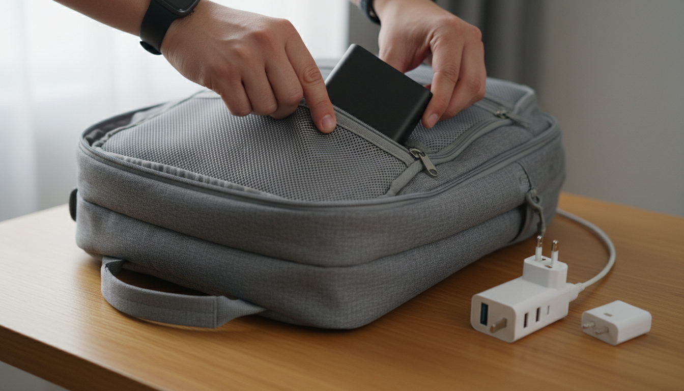Hands placing a portable power bank into the mesh compartment of an open grey travel backpack.