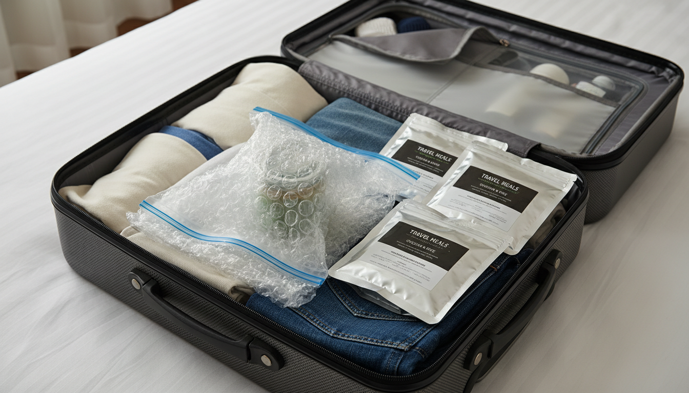 A bubble-wrapped glass jar inside a ziplock bag packed securely between clothes in an open suitcase.