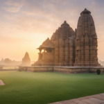 Golden sunrise light illuminating the carved sandstone spires of Kandariya Mahadeva Temple in Khajuraho.