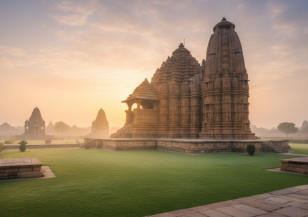 Golden sunrise light illuminating the carved sandstone spires of Kandariya Mahadeva Temple in Khajuraho.