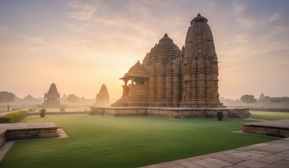 Golden sunrise light illuminating the carved sandstone spires of Kandariya Mahadeva Temple in Khajuraho.