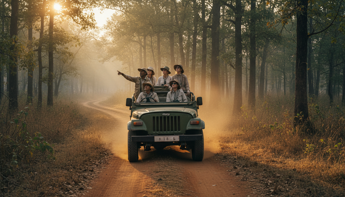 A green safari jeep driving down a misty forest trail surrounded by tall sal trees in Kanha National Park.