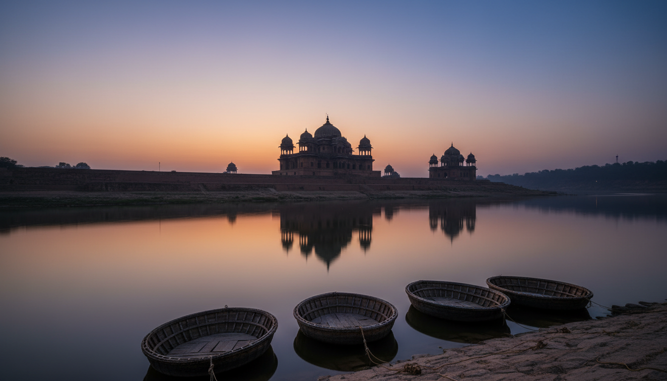 Stone cenotaphs of Orchha reflected in the calm waters of the Betwa River during dusk.
