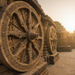 Intricately carved stone chariot wheel of the Konark Sun Temple illuminated by warm morning sunlight.