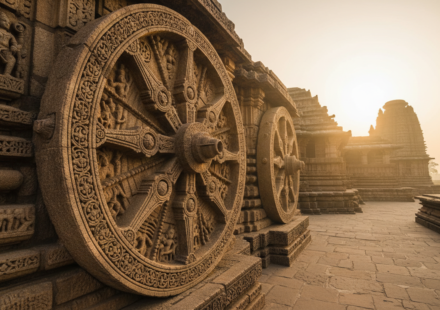 Intricately carved stone chariot wheel of the Konark Sun Temple illuminated by warm morning sunlight.