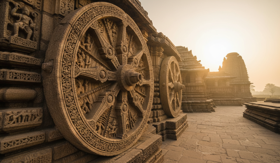 Intricately carved stone chariot wheel of the Konark Sun Temple illuminated by warm morning sunlight.