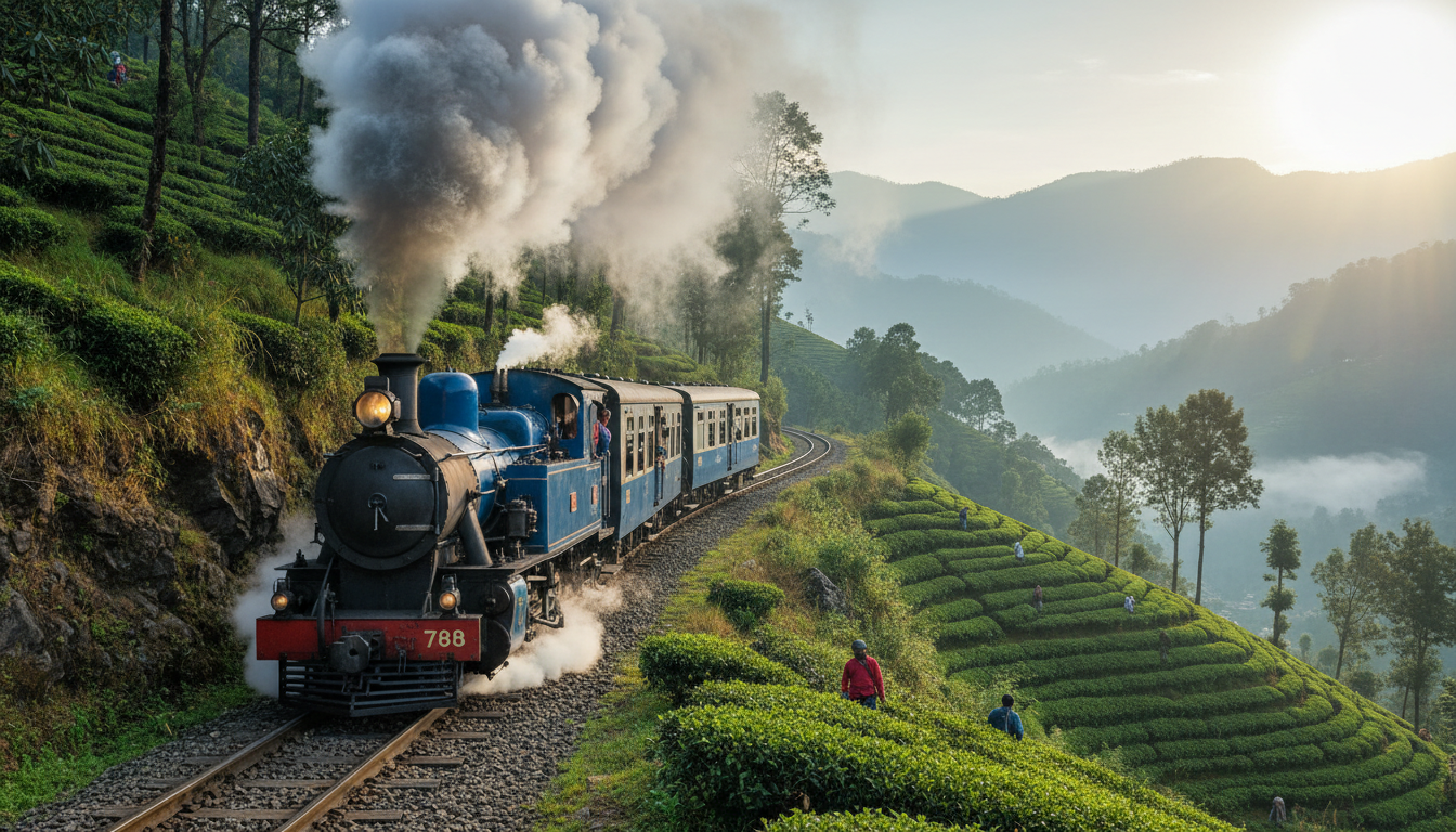 Blue steam toy train traveling along a hillside track past green tea gardens in Darjeeling.
