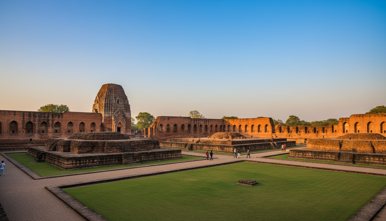Red-brick ruins of ancient stupas and wall structures at Nalanda Mahavihara surrounded by green grass.