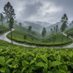 A wet mountain road curving through misty, vibrant green tea plantations in the Western Ghats during monsoon.