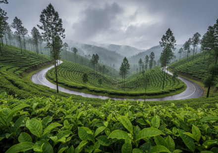 A wet mountain road curving through misty, vibrant green tea plantations in the Western Ghats during monsoon.