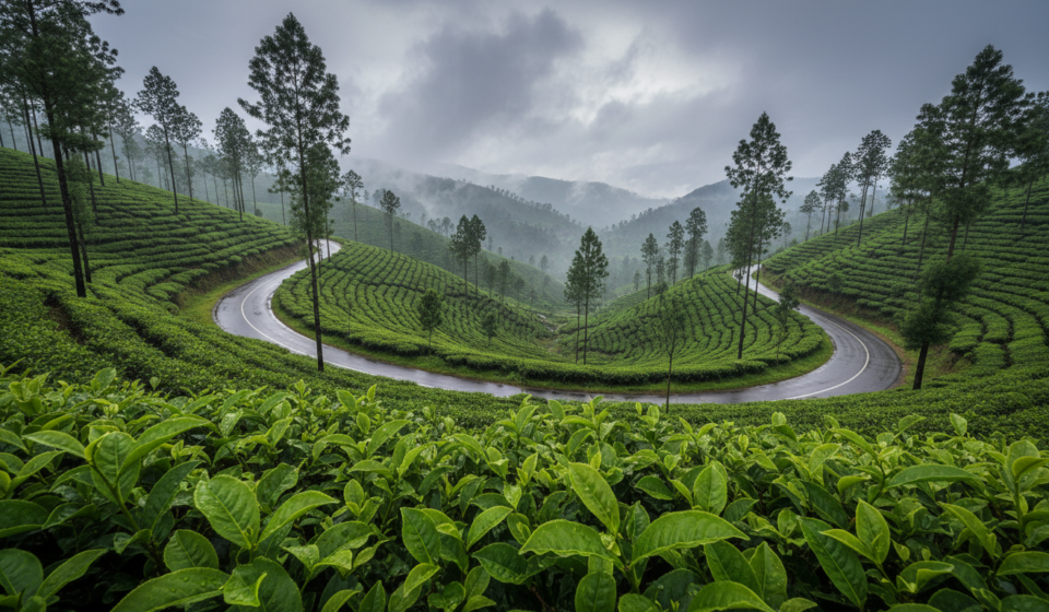 A wet mountain road curving through misty, vibrant green tea plantations in the Western Ghats during monsoon.