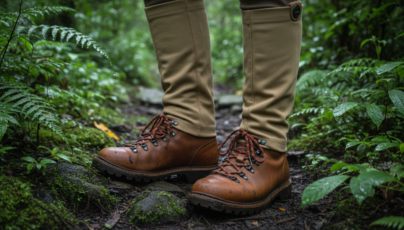 Close-up of sturdy hiking boots and protective leech socks stepping along a damp, mossy forest trail.