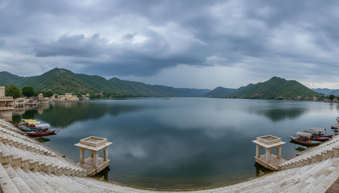 Calm waters of Lake Pichola in Udaipur surrounded by green Aravalli hills under overcast monsoon skies.