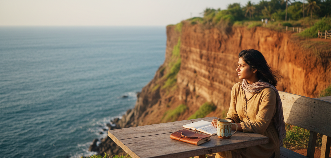 A woman sitting at a cliffside cafe table overlooking the blue ocean during golden hour.