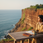 A woman sitting at a cliffside cafe table overlooking the blue ocean during golden hour.