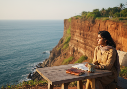 A woman sitting at a cliffside cafe table overlooking the blue ocean during golden hour.