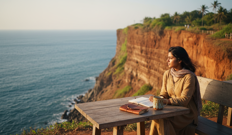 A woman sitting at a cliffside cafe table overlooking the blue ocean during golden hour.