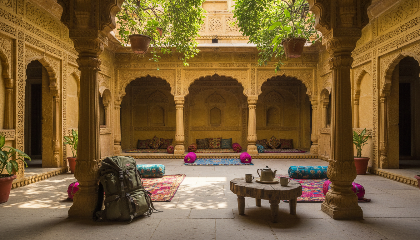 A backpack leaning against a stone pillar in a sunlit Rajasthani courtyard with low seating.