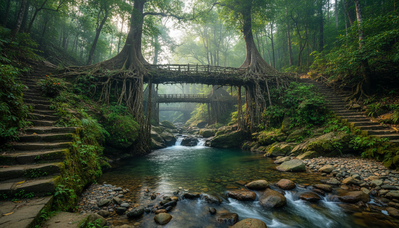 An ancient double-decker root bridge crossing a tropical river framed by green jungle canopy.