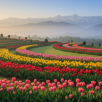 Vibrant red and yellow tulip beds bloom in rows against snow-capped mountains in Srinagar under soft morning sun.