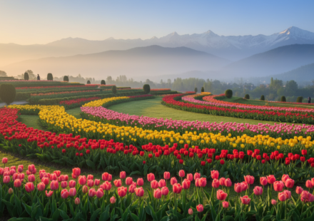 Vibrant red and yellow tulip beds bloom in rows against snow-capped mountains in Srinagar under soft morning sun.