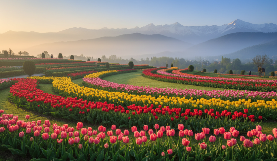 Vibrant red and yellow tulip beds bloom in rows against snow-capped mountains in Srinagar under soft morning sun.