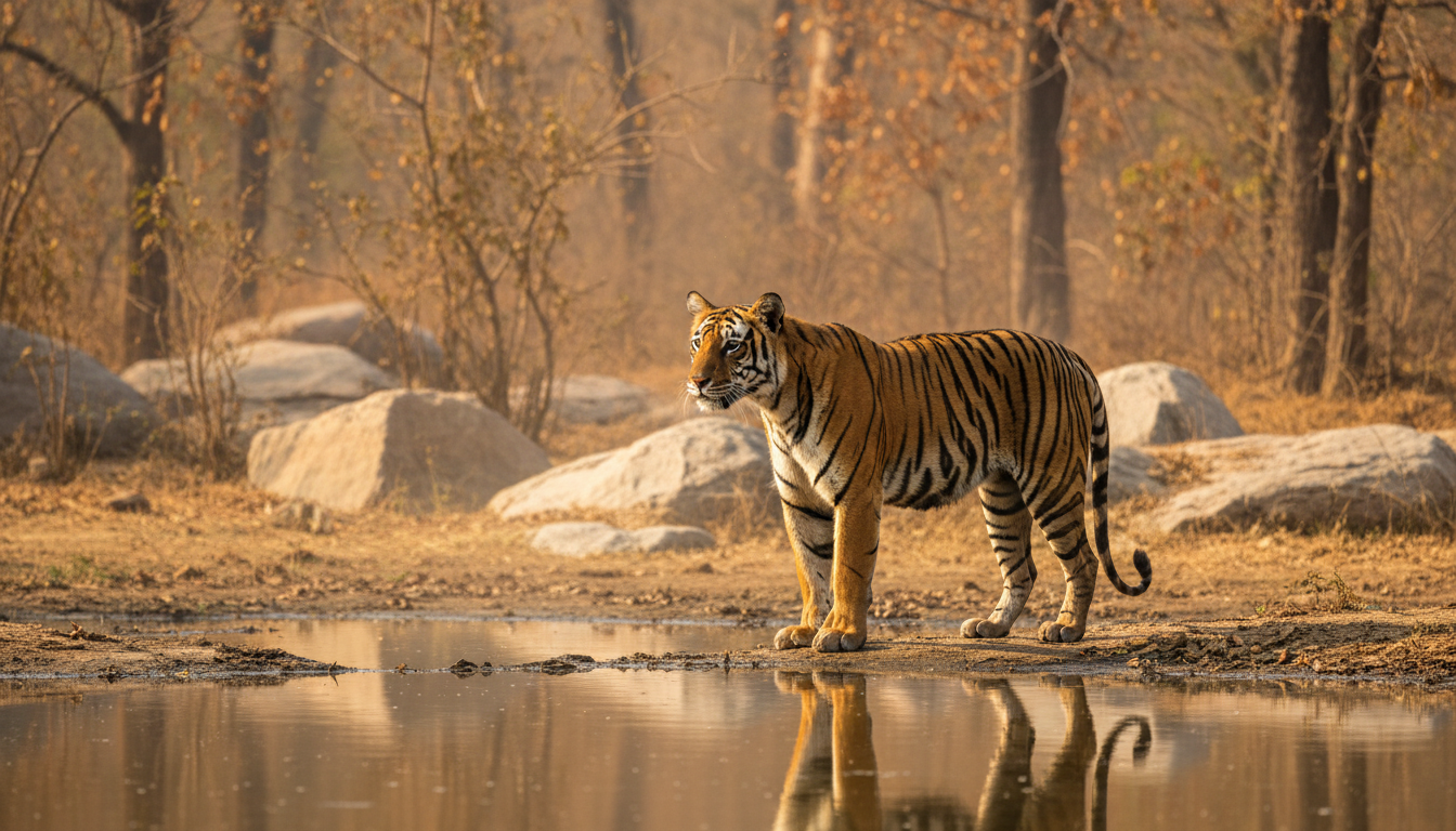 A Bengal tiger stands by the edge of a water pool surrounded by dry forest rocks in morning sunlight.