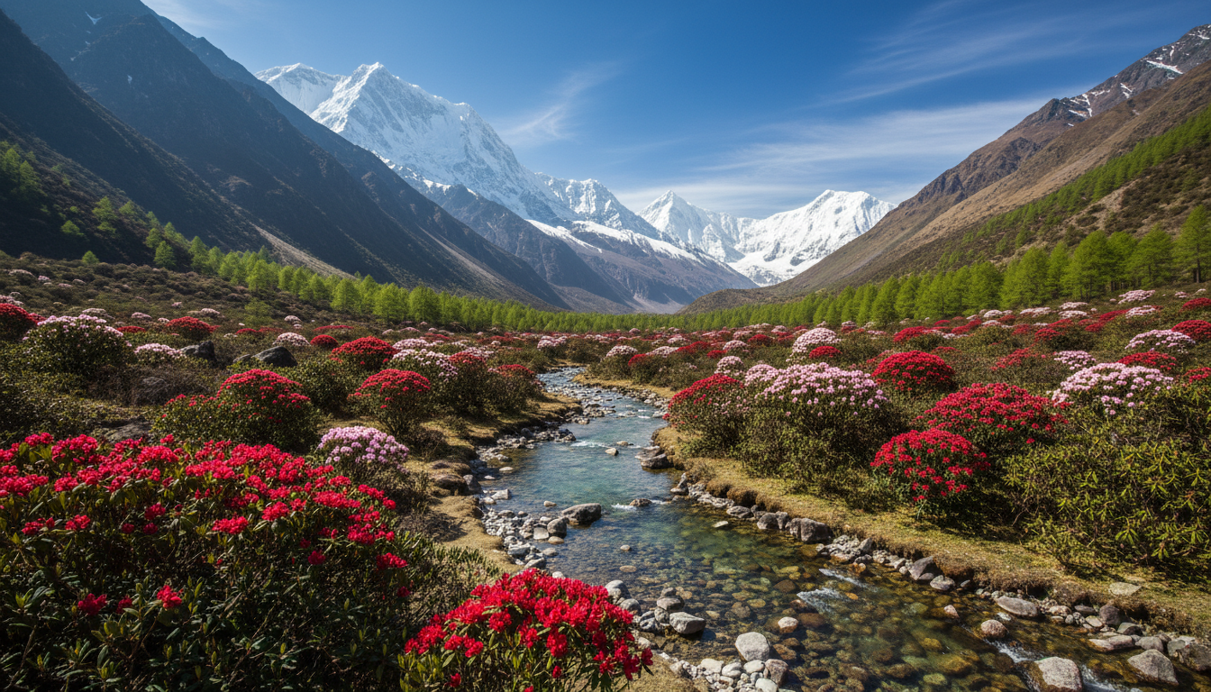 Pink and red rhododendron shrubs blossom along a clear stream near snow-capped mountains in Sikkim.