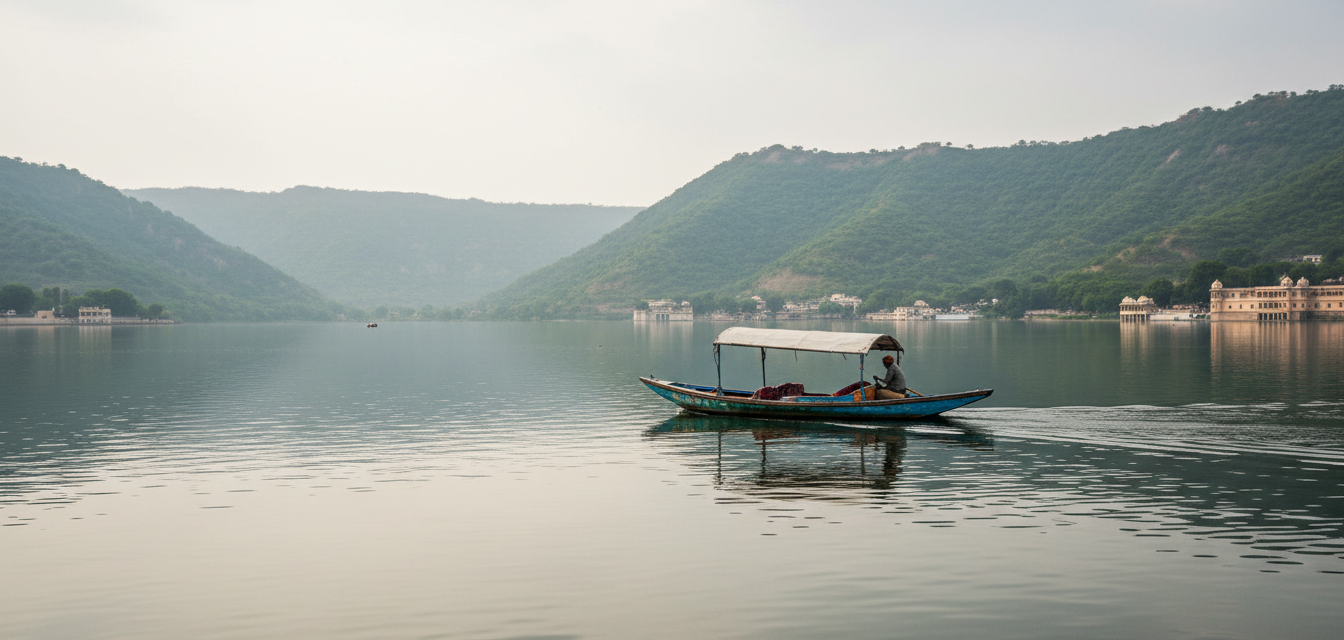 A wooden boat on calm Lake Pichola in Udaipur surrounded by green Aravalli hills under soft overcast skies.