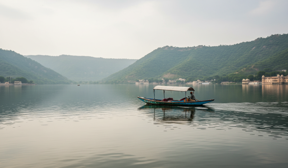 A wooden boat on calm Lake Pichola in Udaipur surrounded by green Aravalli hills under soft overcast skies.