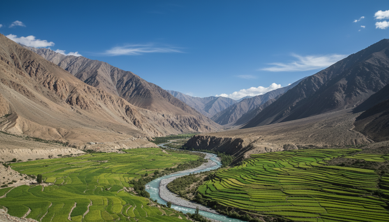 A bright sunny view of Spiti Valley with green barley fields along a river against dry brown mountains.